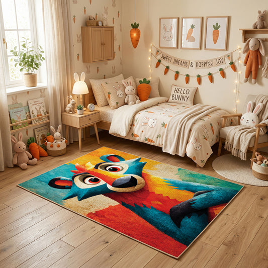 Colorful geometric wolf rug centered in a cozy playroom