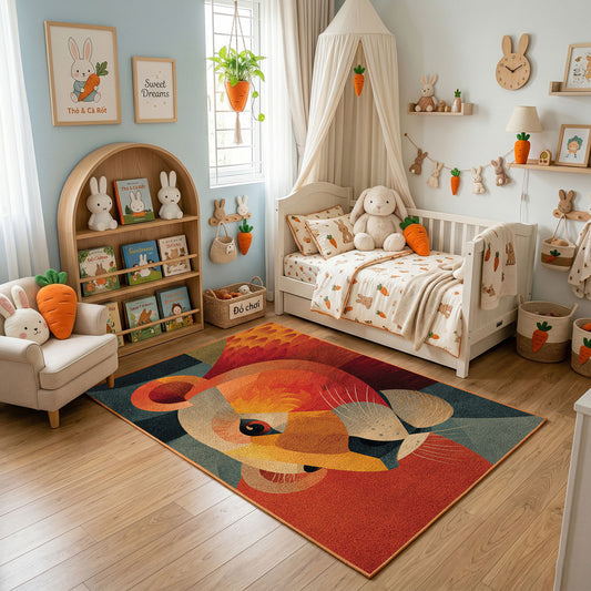 Colorful geometric lion rug displayed in a warm kids bedroom
