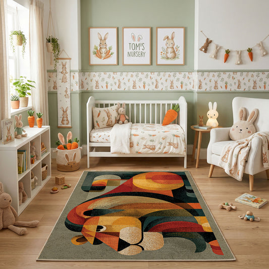 Colorful geometric toucan rug shown beside a child's bed