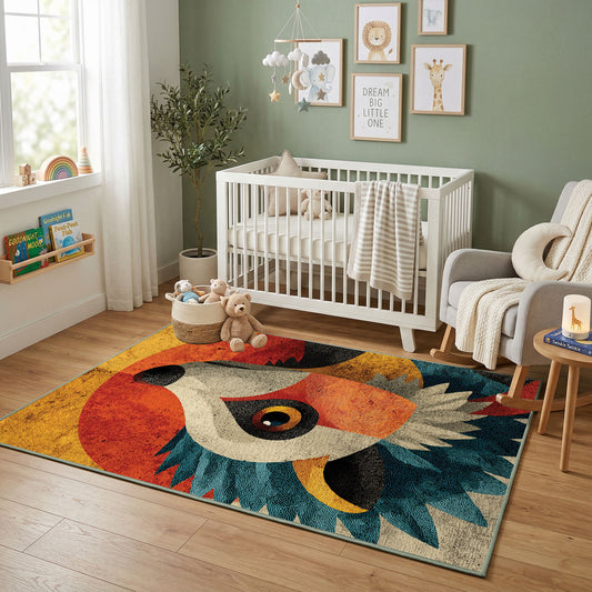 Colorful geometric owl rug displayed in a colorful play space