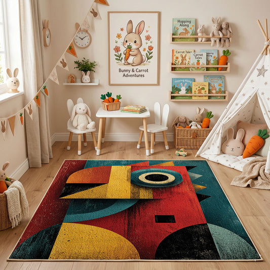 Colorful geometric owl rug angled view with wooden furniture