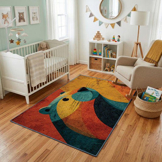 Colorful geometric whale rug styled with soft nursery decor