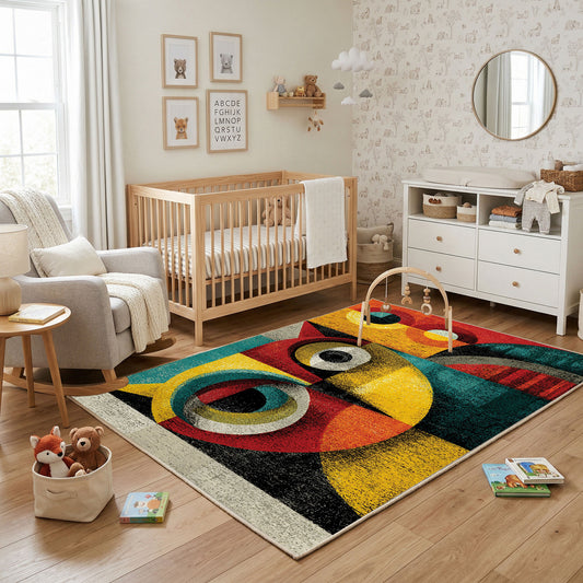 Colorful geometric owl rug shown near a reading corner