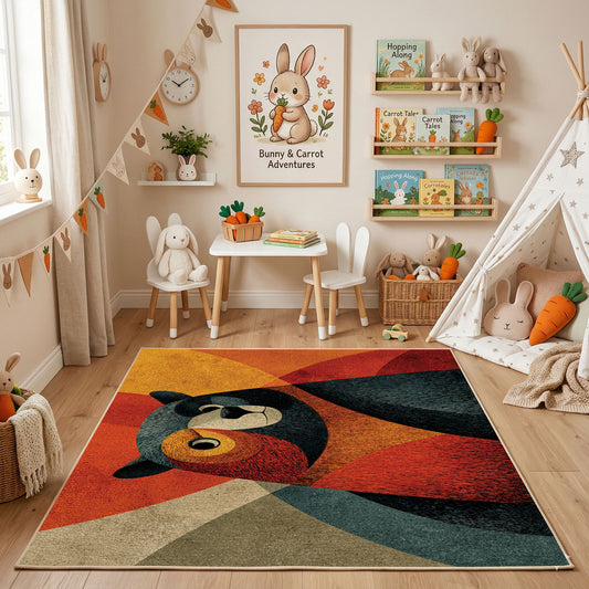 Colorful geometric woodland animal rug angled view with wooden furniture