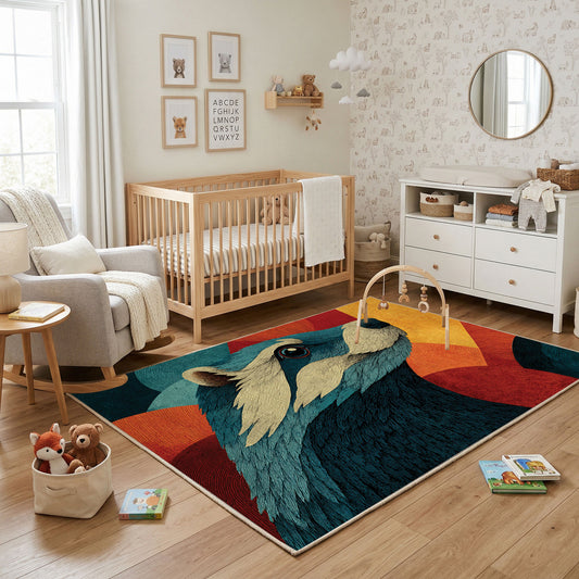 Colorful geometric wolf rug shown near a reading corner