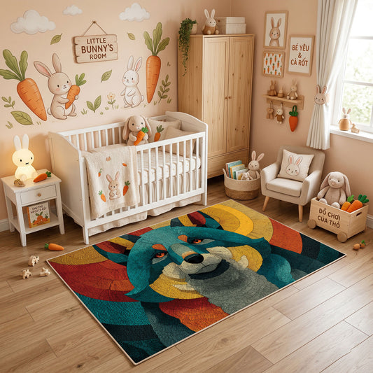 Colorful geometric raccoon rug styled in a bright nursery