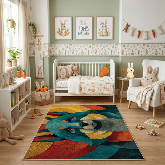 Colorful geometric raccoon rug shown beside a child's bed