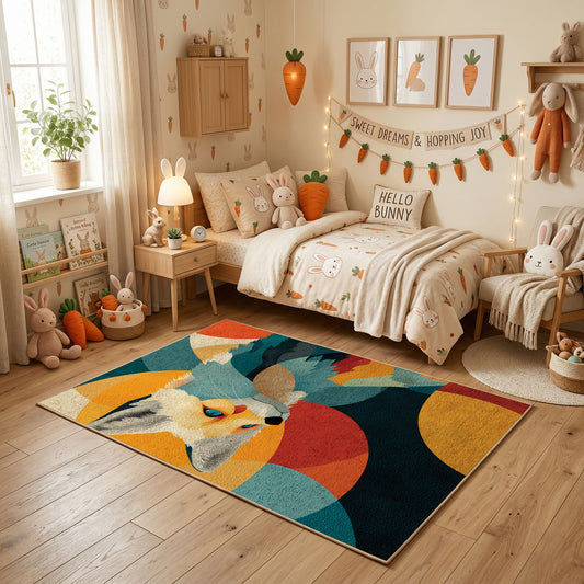 Colorful geometric fox rug centered in a cozy playroom