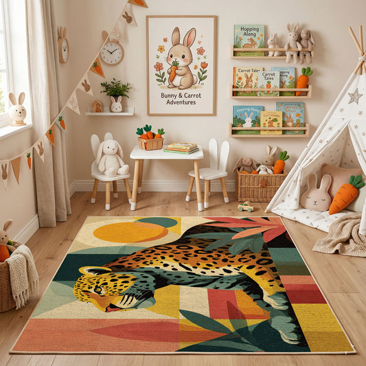 Colorful geometric leopard rug angled view with wooden furniture