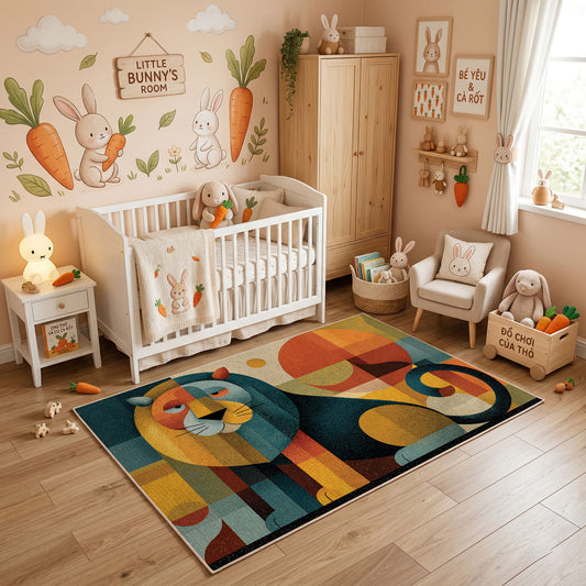Colorful geometric mouse rug styled in a bright nursery