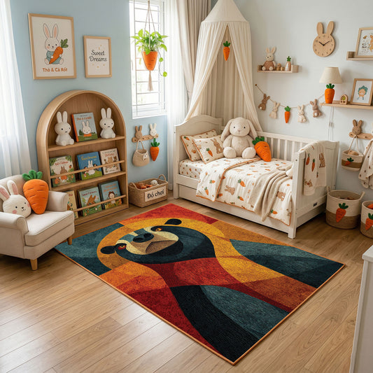Colorful geometric panda rug displayed in a warm kids bedroom
