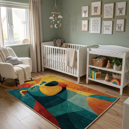 Colorful geometric bear rug wide room view in a modern nursery