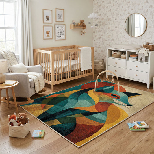 Colorful geometric fox rug shown near a reading corner