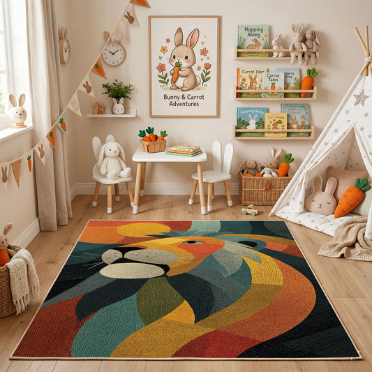 Colorful geometric lion rug angled view with wooden furniture