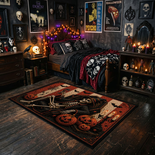 witch hat and glowing pumpkins faux velvet Halloween area rug, featured room view