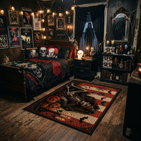 witch hat and glowing pumpkins faux velvet Halloween area rug, angled room view