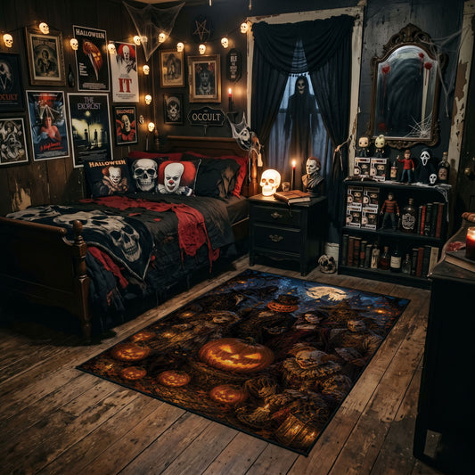 grinning pumpkins in the night faux velvet Halloween area rug, angled room view