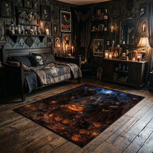 spooky cat in a moonlit pumpkin garden faux velvet Halloween area rug, featured room view