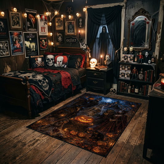 spooky cat in a moonlit pumpkin garden faux velvet Halloween area rug, angled room view