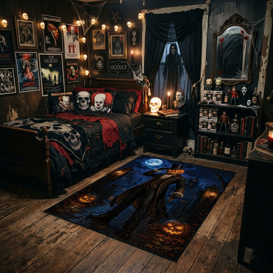 midnight witch and glowing pumpkin faux velvet Halloween area rug, angled room view