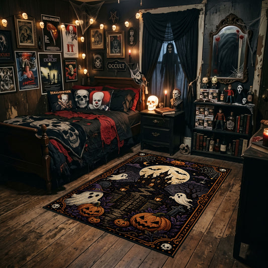 playful dancing ghosts and crescent moon faux velvet Halloween area rug, angled room view