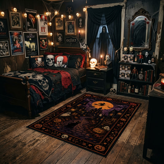 vintage cats, moon, and stars faux velvet Halloween area rug, angled room view