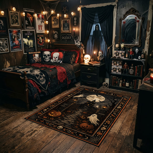 Victorian ghost in an ornate frame faux velvet Halloween area rug, angled room view