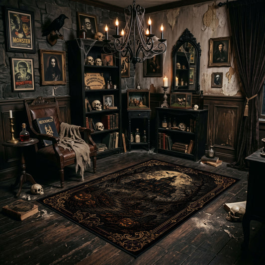 dark gothic night with ornate symbols faux velvet Halloween area rug, featured room view