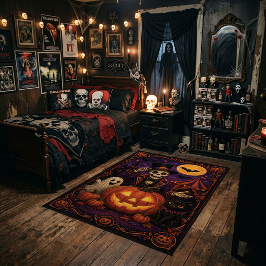 moonlit pumpkin magic faux velvet Halloween area rug, angled room view