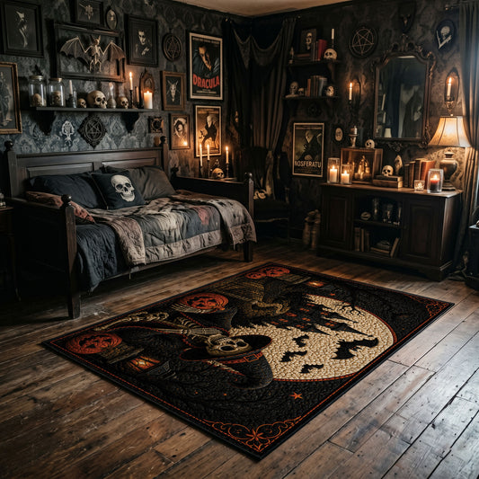spooky cat and moon faux velvet Halloween area rug, featured room view