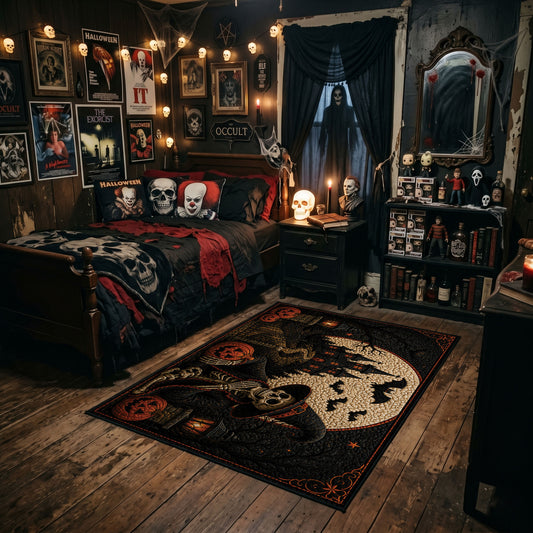 spooky cat and moon faux velvet Halloween area rug, angled room view