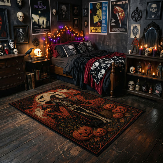 gothic skeleton couple faux velvet Halloween area rug, featured room view