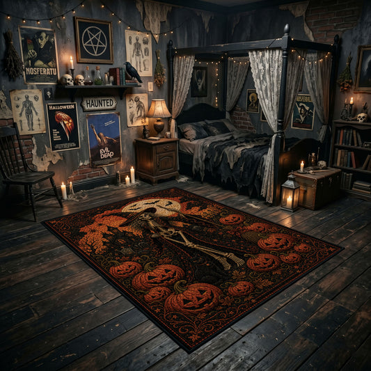 pumpkin scarecrow scene faux velvet Halloween area rug, featured room view