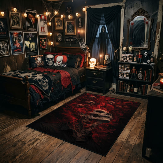 crimson shadow creature faux velvet Halloween area rug, angled room view
