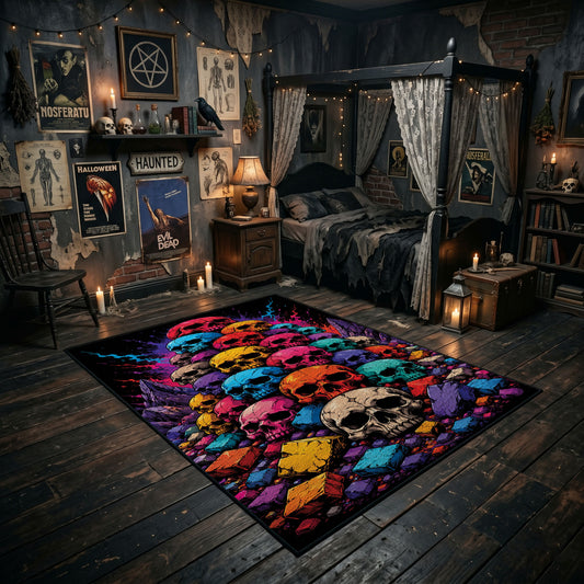 colorful skull mosaic faux velvet Halloween area rug, featured room view