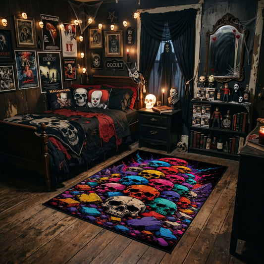 colorful skull mosaic faux velvet Halloween area rug, angled room view