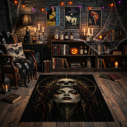 haunted gothic portrait faux velvet Halloween area rug, featured room view