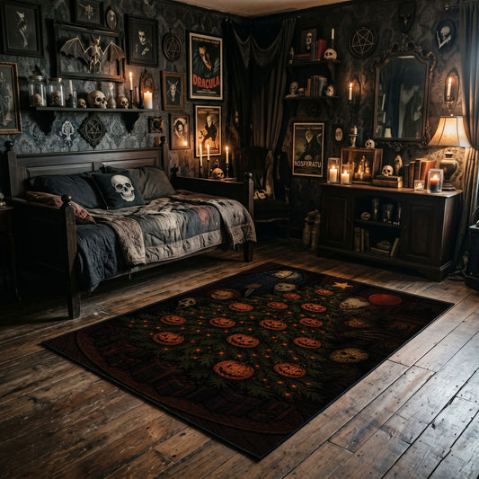vintage pumpkin pattern faux velvet Halloween area rug, angled room view