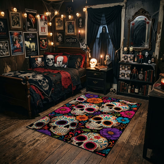 colorful sugar skull pattern faux velvet Halloween area rug, angled room view