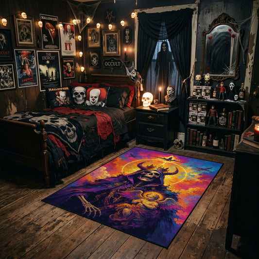 Vivid Skeleton Figure Area Rug styled in a gothic bedroom with dark furniture