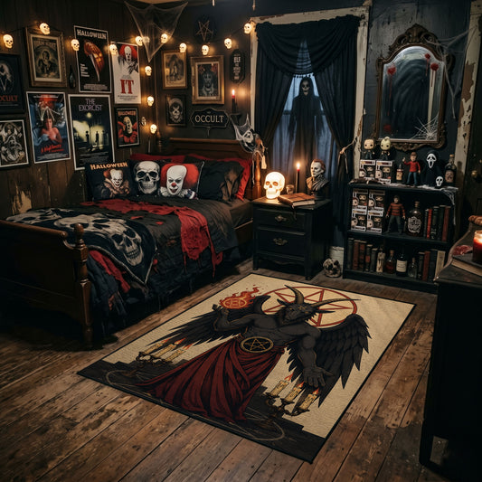Winged Horned Figure Area Rug styled in a gothic bedroom with dark furniture