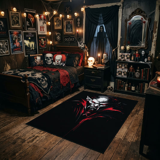White Face and Red Branches Area Rug styled in a gothic bedroom with dark furniture