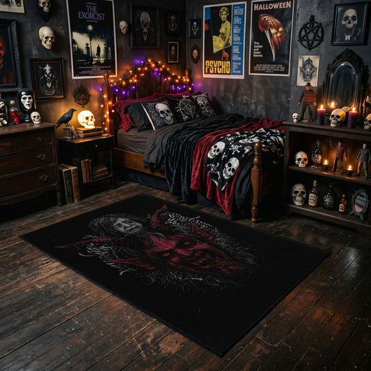 Crimson Shadow Figure Area Rug styled with red shelves and spooky ornaments