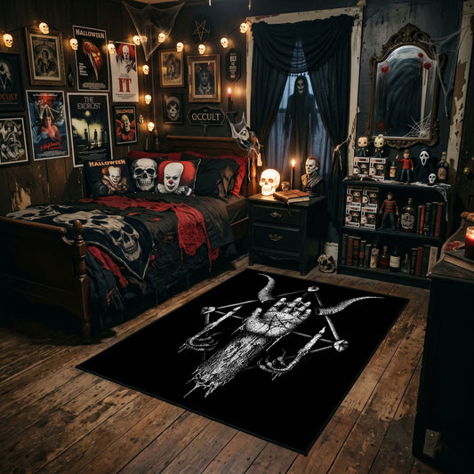 Skeletal Hand Emblem Area Rug styled in a gothic bedroom with dark furniture