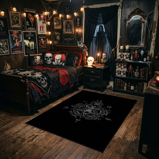 Subtle Occult Crest Area Rug styled in a gothic bedroom with dark furniture