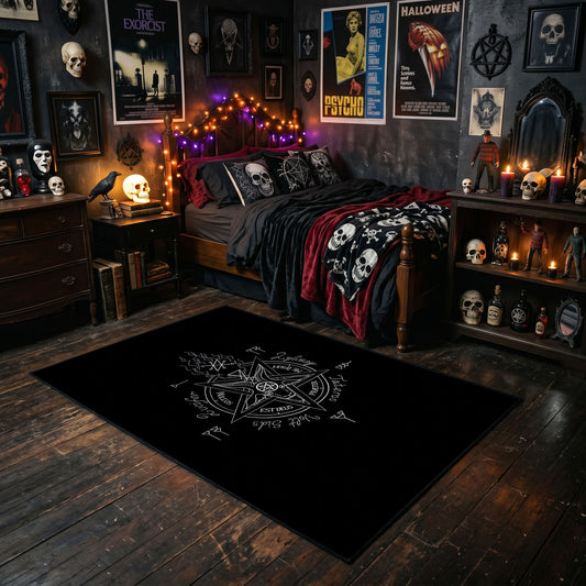 Subtle Occult Crest Area Rug styled with red shelves and spooky ornaments