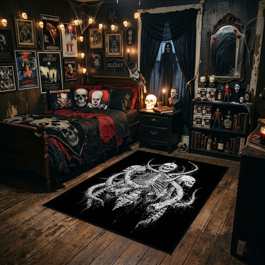 Intricate Skeletal Creature Area Rug styled in a gothic bedroom with dark furniture