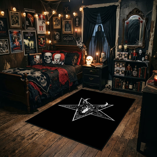 Horned Star Emblem Area Rug styled in a gothic bedroom with dark furniture