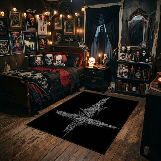 Distressed Star Symbol Area Rug styled in a gothic bedroom with dark furniture