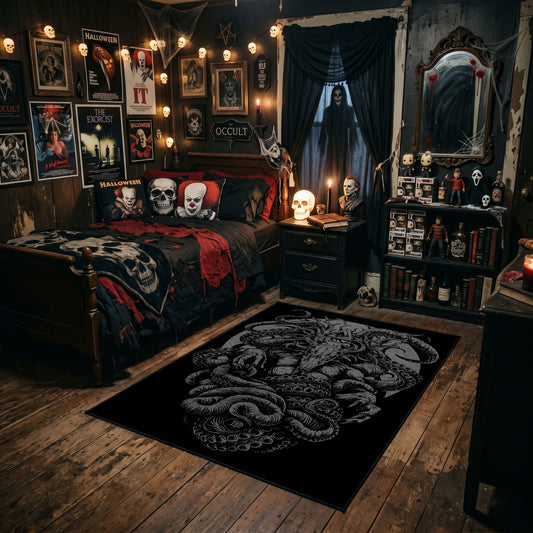 Serpentine Skull Area Rug styled in a gothic bedroom with dark furniture